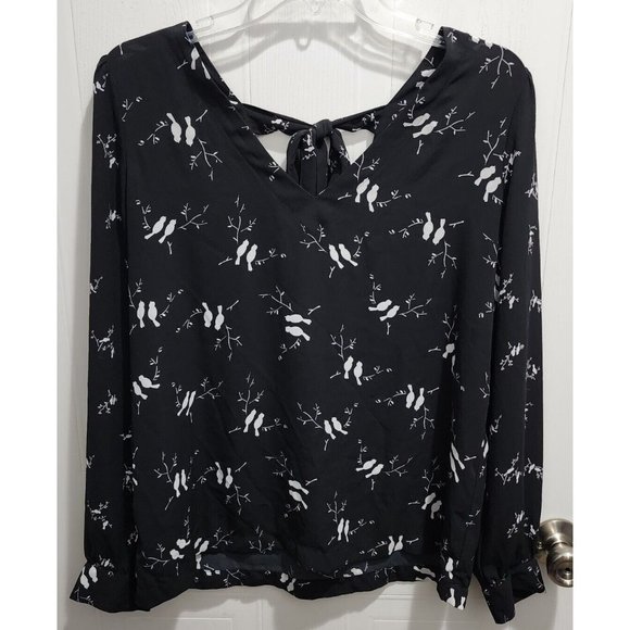 LOFT Women's Long Sleeve Blouse Top Tie Back Black Peacock Bird Print Size M - Picture 1 of 9